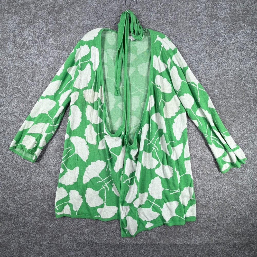 Diane Von Furstenberg Wrap Cardigan Sweater Womens XL Green White Ginkgo Leaf